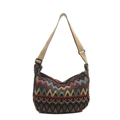 Boho Canvas Shoulder Bag – Adjustable Strap with Fur Ball Charm