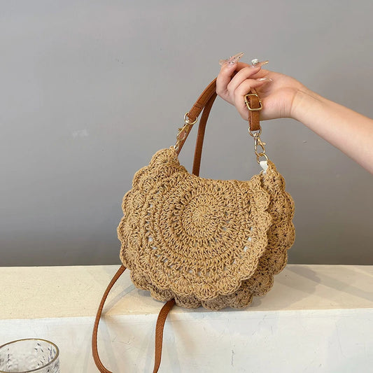 Woven Round Crossbody Bag – Vintage Straw Beach Bag for Women