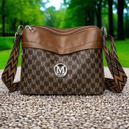 Letter Print Crossbody Bag – Triple Zipper Leather Shoulder Purse