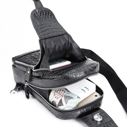 Men S Leather Chest Bag Head Layer Shoulder Oblique Cross Alligator Grain Large Capacity