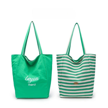 Striped Canvas Tote Bag – Double-Sided Large Shoulder Bag for Women