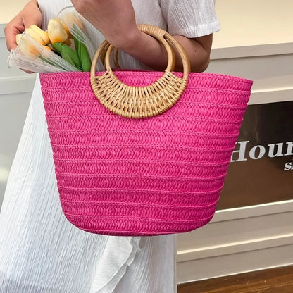Woven Beach Tote Bag for Women – Round Wooden Handle