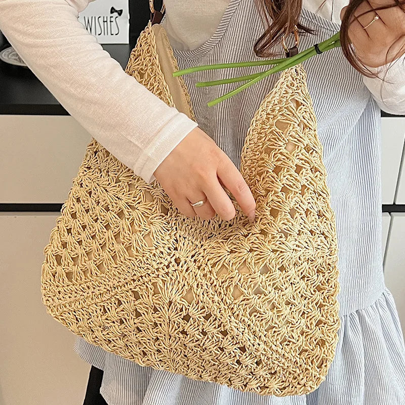 Crochet Woven Tote Bag – Wooden Bead Handle & Large Capacity