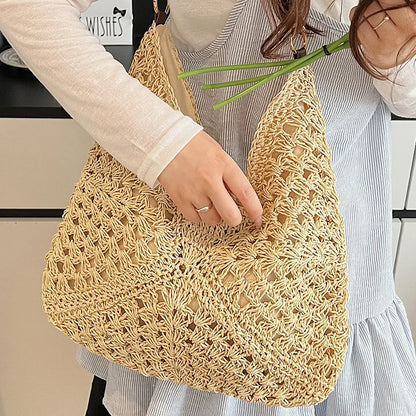 Crochet Woven Tote Bag – Wooden Bead Handle & Large Capacity