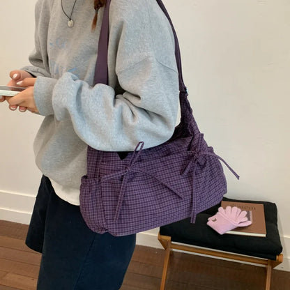 Plaid Bow Crossbody Bag – Large Capacity Soft Shoulder Tote