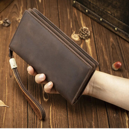 Men S Hand Purse Crazy Horse Leather Long Zipper Business Rope Large Capacity Grip Bag