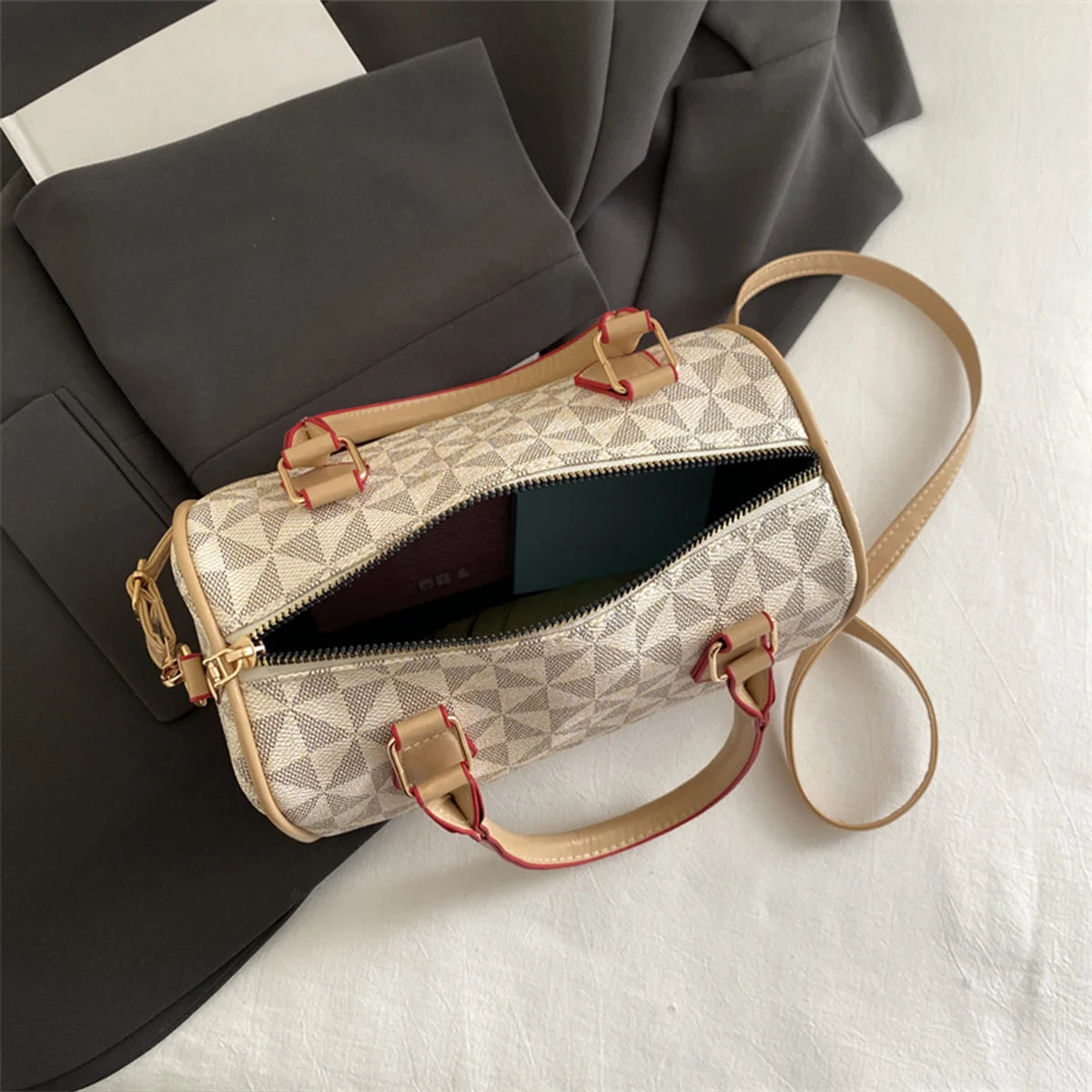 Business Crossbody Bag Windmill Print Pu Color Block Trim Large Capacity Zipper Adjustable Strap