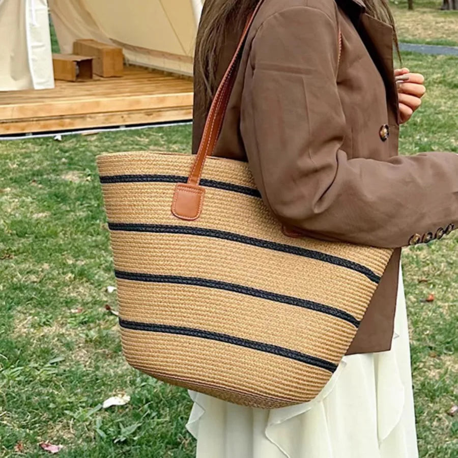 Striped Straw Tote Bag Leather Handles Large Capacity Summer Beach Casual Daily Shoulder Bag Women