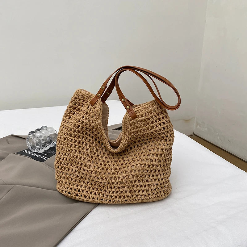 Fresh Vacation Women Tote Bag Open Weave Lightweight Soft Shoulder Large Capacity Breathable Handbag