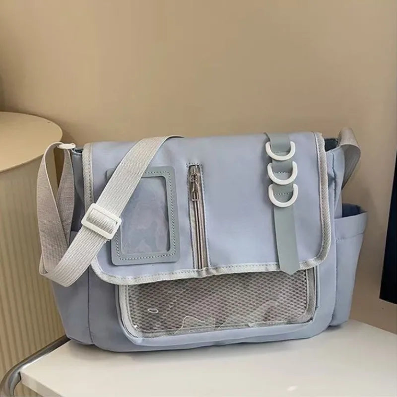 Clear Patch Canvas Messenger Bag – Multi-Pocket Crossbody