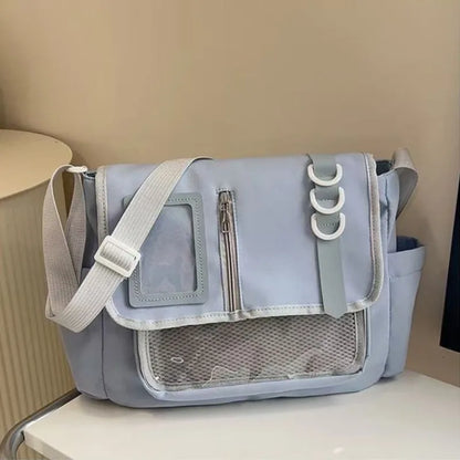 Clear Patch Canvas Messenger Bag – Multi-Pocket Crossbody