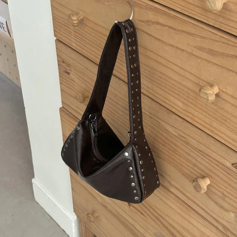 Motorcycle Style Shoulder Bags Rivet Soft Leather Womens Bag Large Capacity Casual Shouder Crossbody