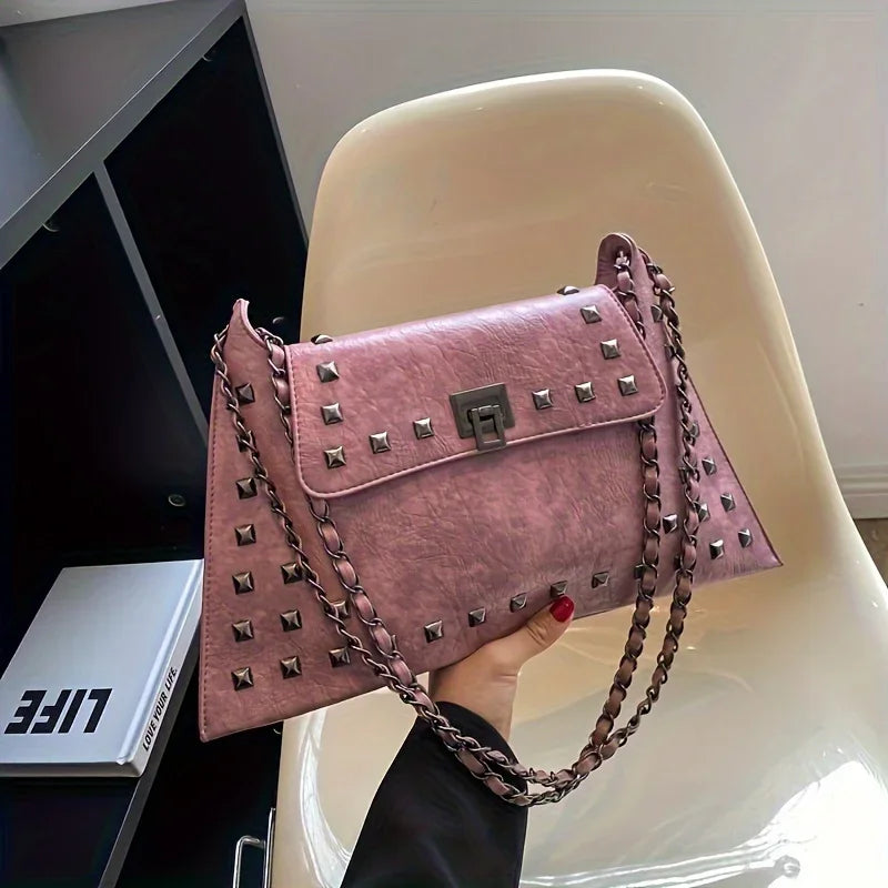 Rivet Crossbody Bag – Vintage Faux Leather Chain Shoulder Purse