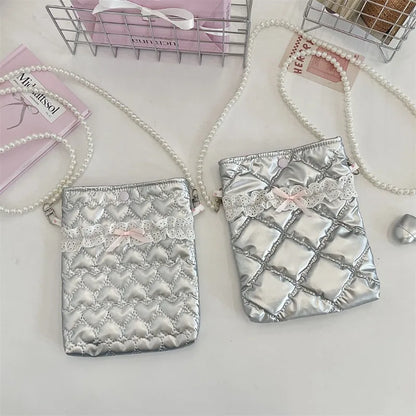 Satin Mini Phone Bag – Bow Embossed Pearl Chain Shoulder Purse