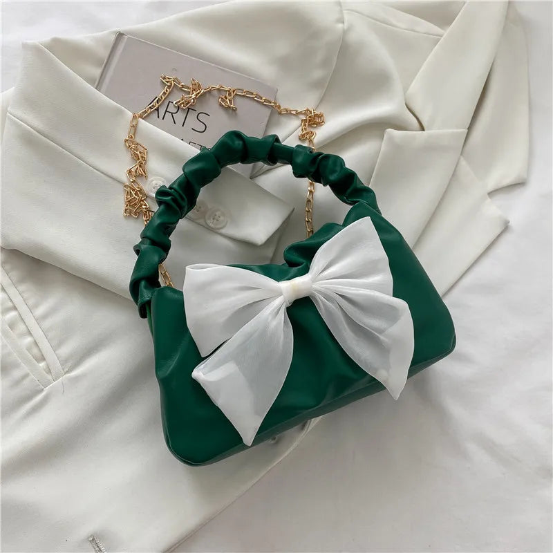 Bow Ruched Mini Crossbody Bag – Chic Chain Shoulder Purse for Women