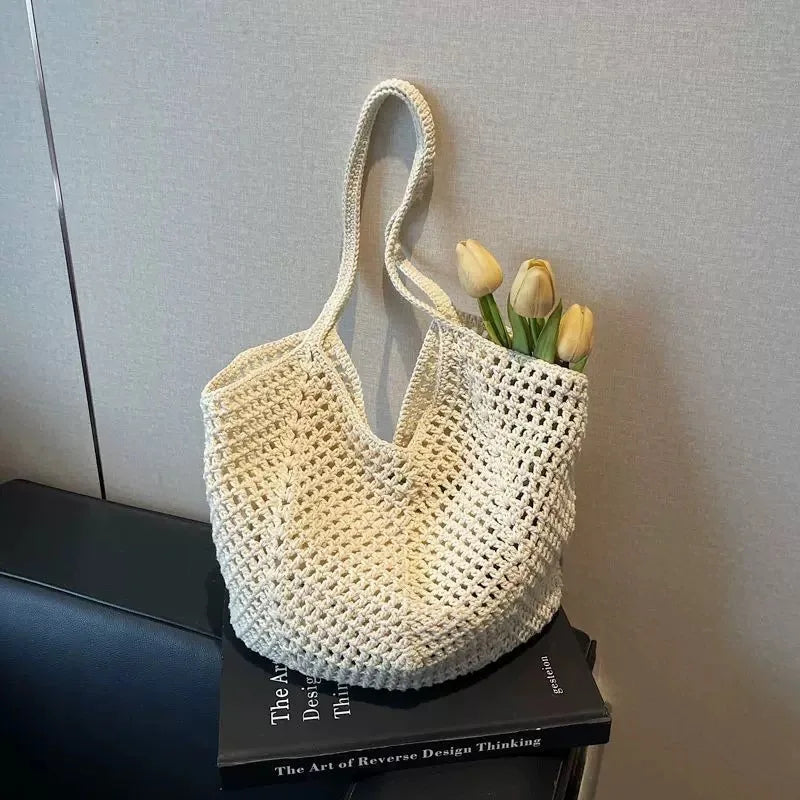 Summer Beach Tote Shoulder Bag Straw Weav Handbag Large Capacity Vacation Weaving Hollow Bags Women