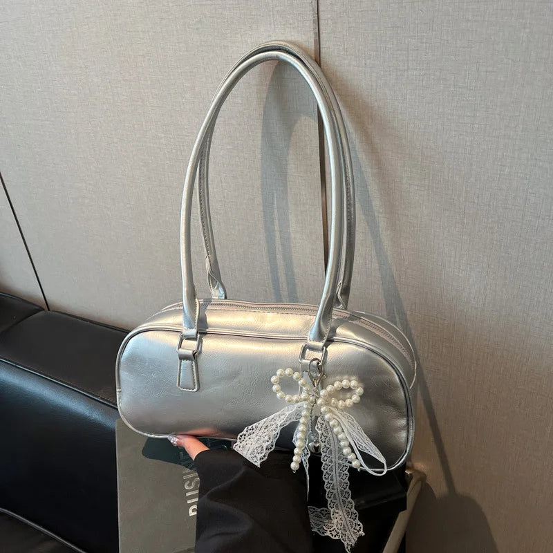 Patent Leather Shoulder Bag with Detachable Pearl Bow Lace Charm