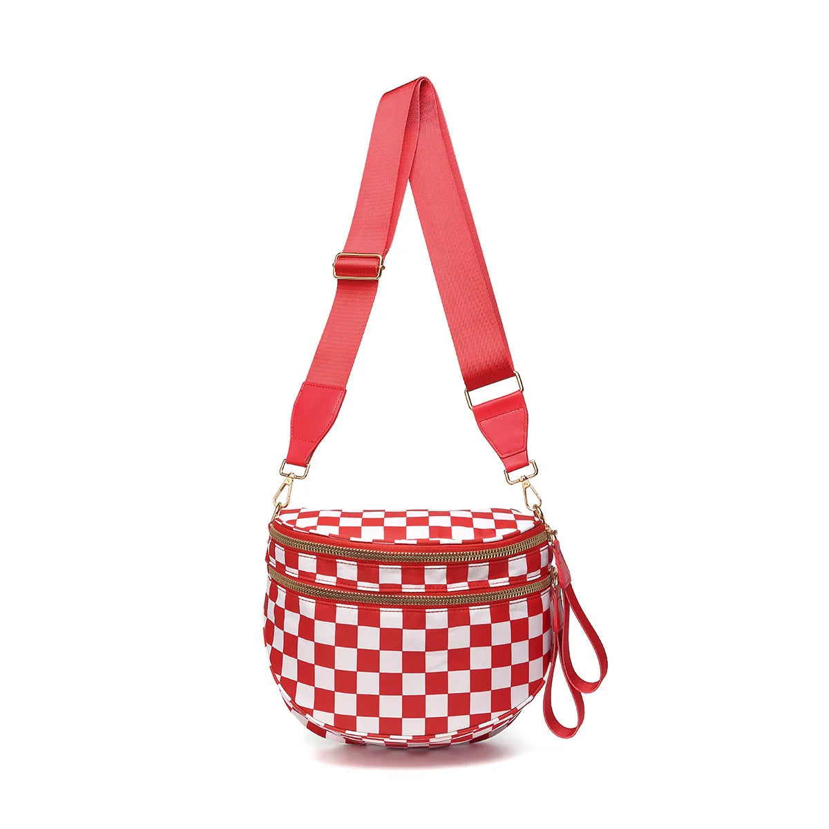 Checkered Saddle Crossbody Bag – Dual Zipper Shoulder & Waist Pack for Women