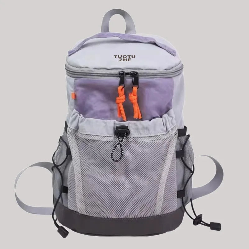 Color Block Nylon Backpack Mesh Pocket Orange Drawstring Adjustable Straps Student School Outdoor