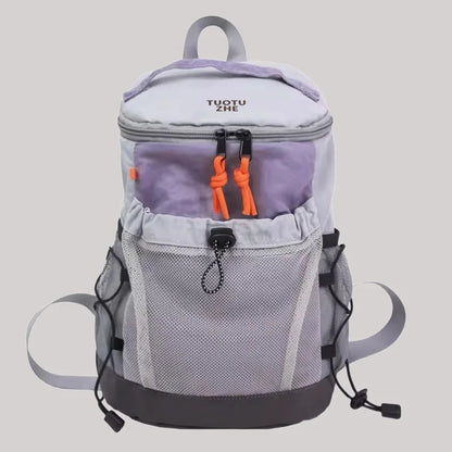 Color Block Nylon Backpack Mesh Pocket Orange Drawstring Adjustable Straps Student School Outdoor