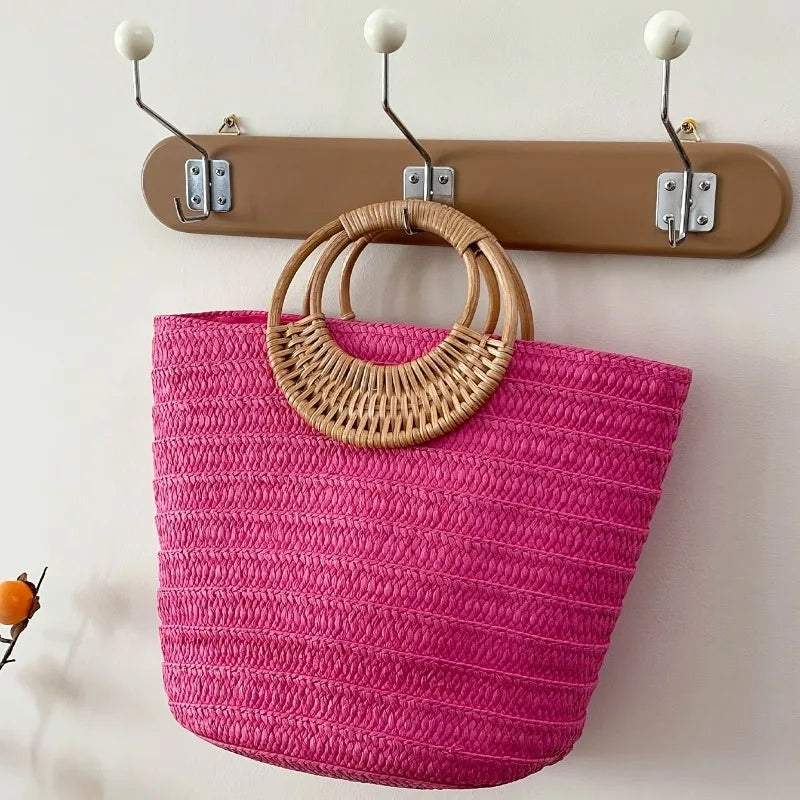 Woven Beach Tote Bag for Women – Round Wooden Handle