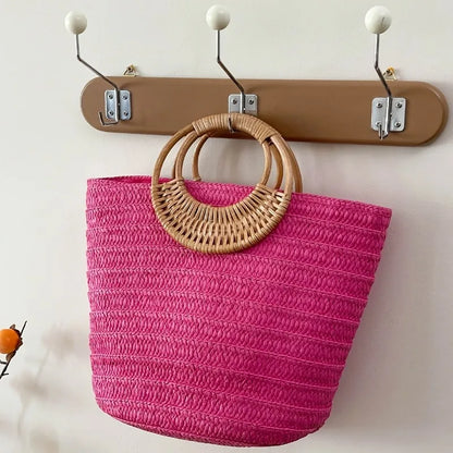 Woven Beach Tote Bag for Women – Round Wooden Handle