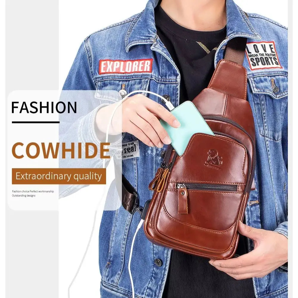 Large-Capacity Genuine Leather Men S Single-Shoulder Crossbody Usb Chest Bag Top Layer Cowhide