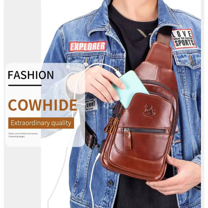 Large-Capacity Genuine Leather Men S Single-Shoulder Crossbody Usb Chest Bag Top Layer Cowhide
