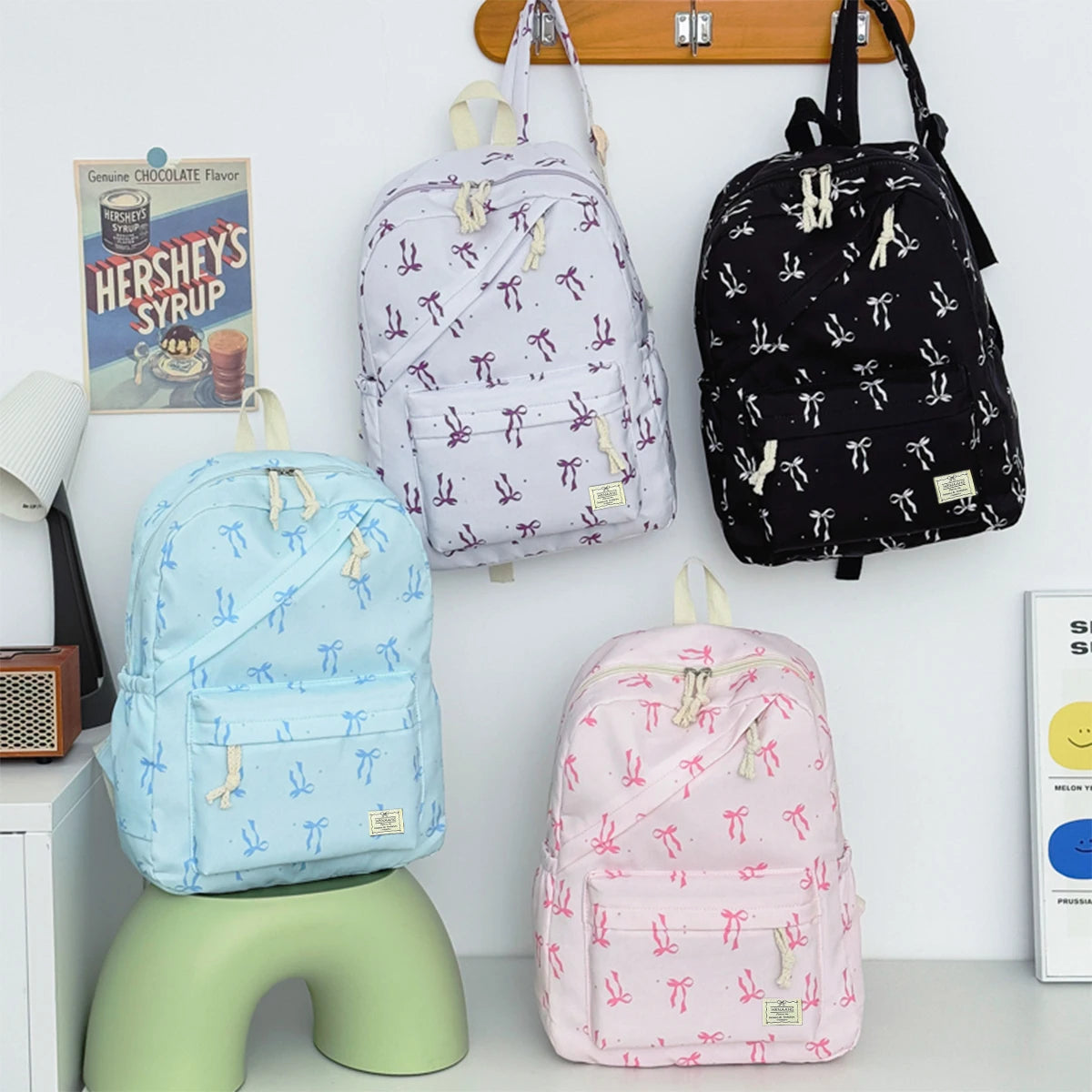 Fashionable Cute Bow Knot Polka Dot Printed Backpack Nylon Lightweight Large Capacity Casual Campus