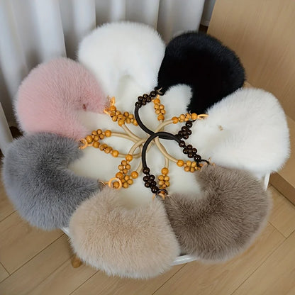 Fluffy Faux Fur Tote Bag with Wooden Bead Handle