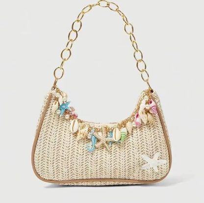 Straw Shoulder Bag with Ocean Shell & Starfish Charms