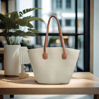 Striped Straw Tote Bag Leather Handles Large Capacity Summer Beach Casual Daily Shoulder Bag Women