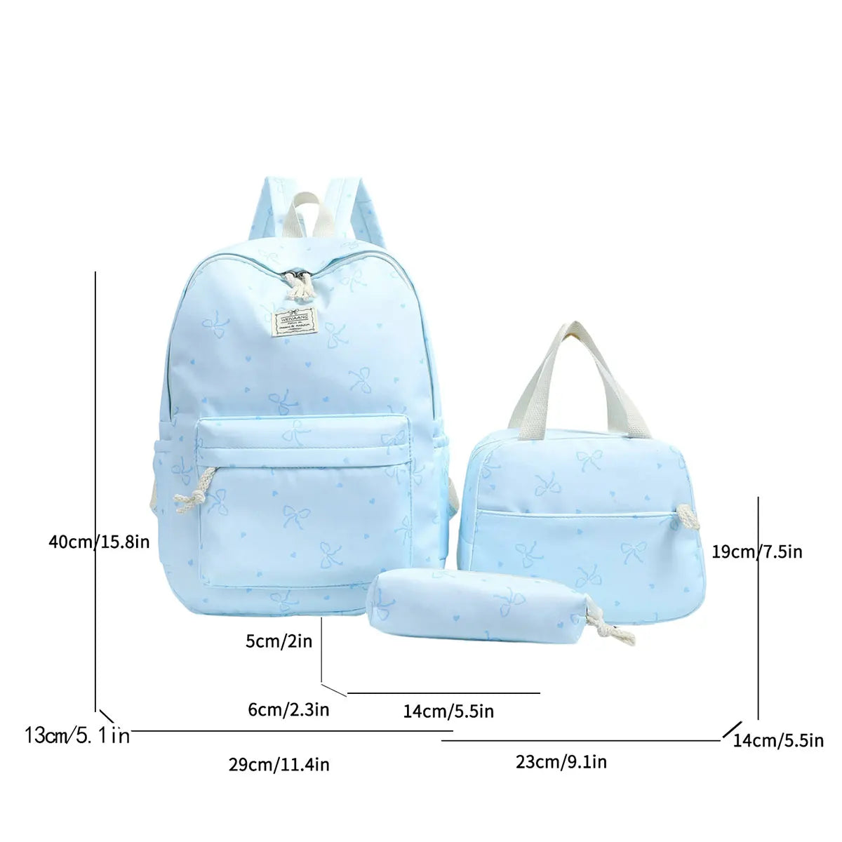 Sweet Fresh Bow Print Three Piece Backpack Set Lightweight Large Capacity College Style Campus