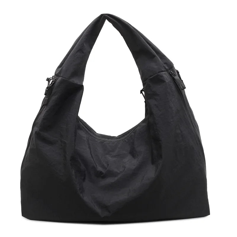 Chic Solid Color Nylon Tote Bag Multiple Zipper Pockets Large Capacity Casual Shoulder Bag College