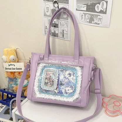 Y2k Pu Luxury Large Ita Bag Insert Women Big Clear Window Shoulder Anime Pin Display Girl Bow