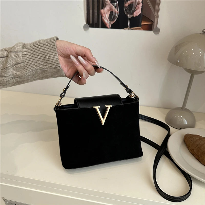Mini Faux Suede Handbag for Women – Crossbody Bag with Gold V Clasp