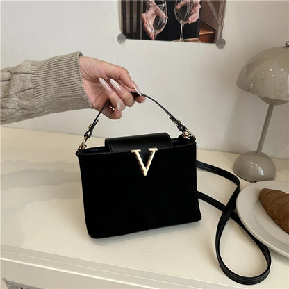 Mini Faux Suede Handbag for Women – Crossbody Bag with Gold V Clasp