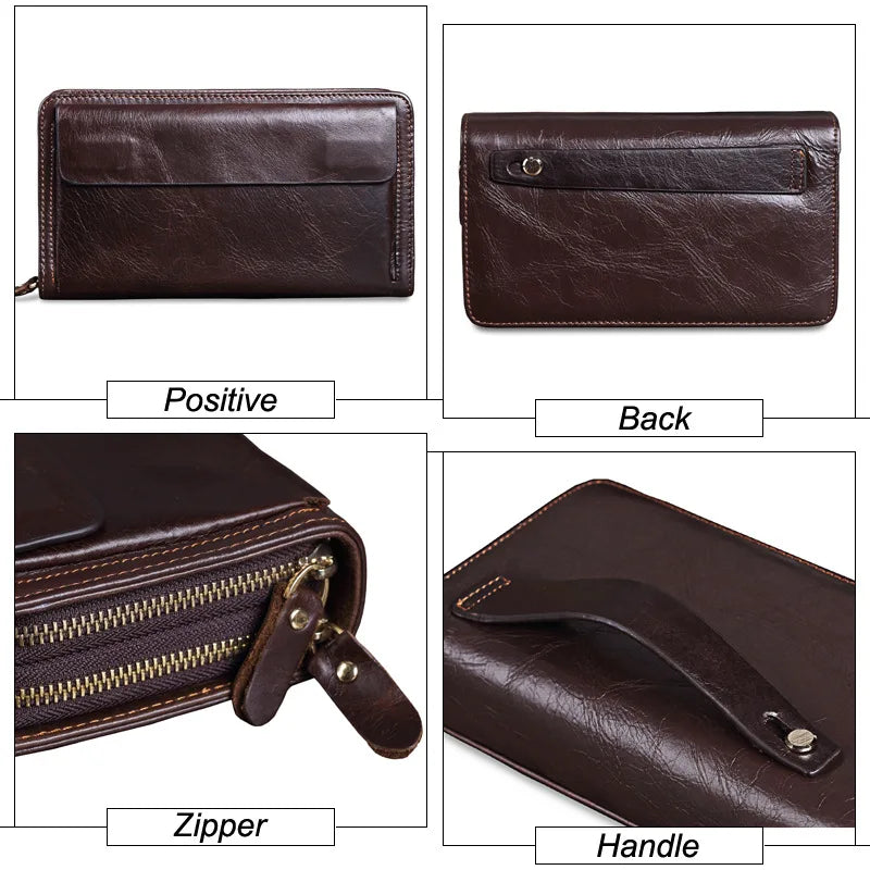 Men S Long Wallet Large Capacity Retro Real Leather Mobile Phone Storage Buckle Handheld Business