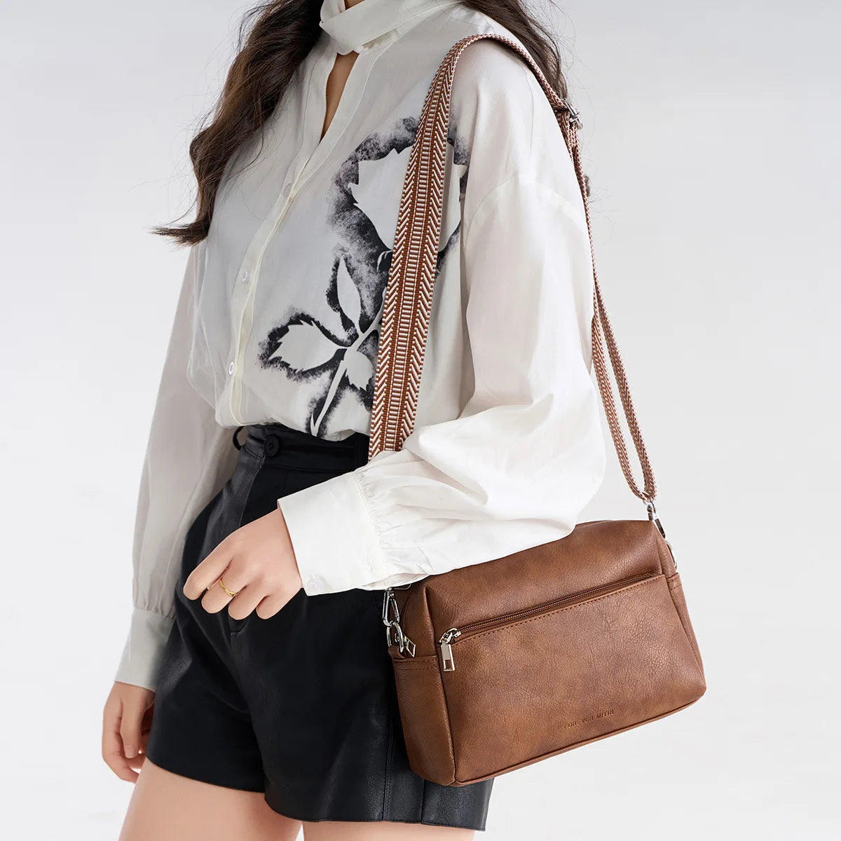 Retro Casual Soft Leather Color Contrast Widened Shoulder Belt Diagonal Cross Bag All Women - Soft