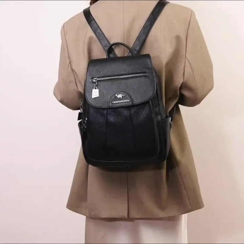 Faux Leather Women's Backpack – Large Capacity Casual Flap Bag