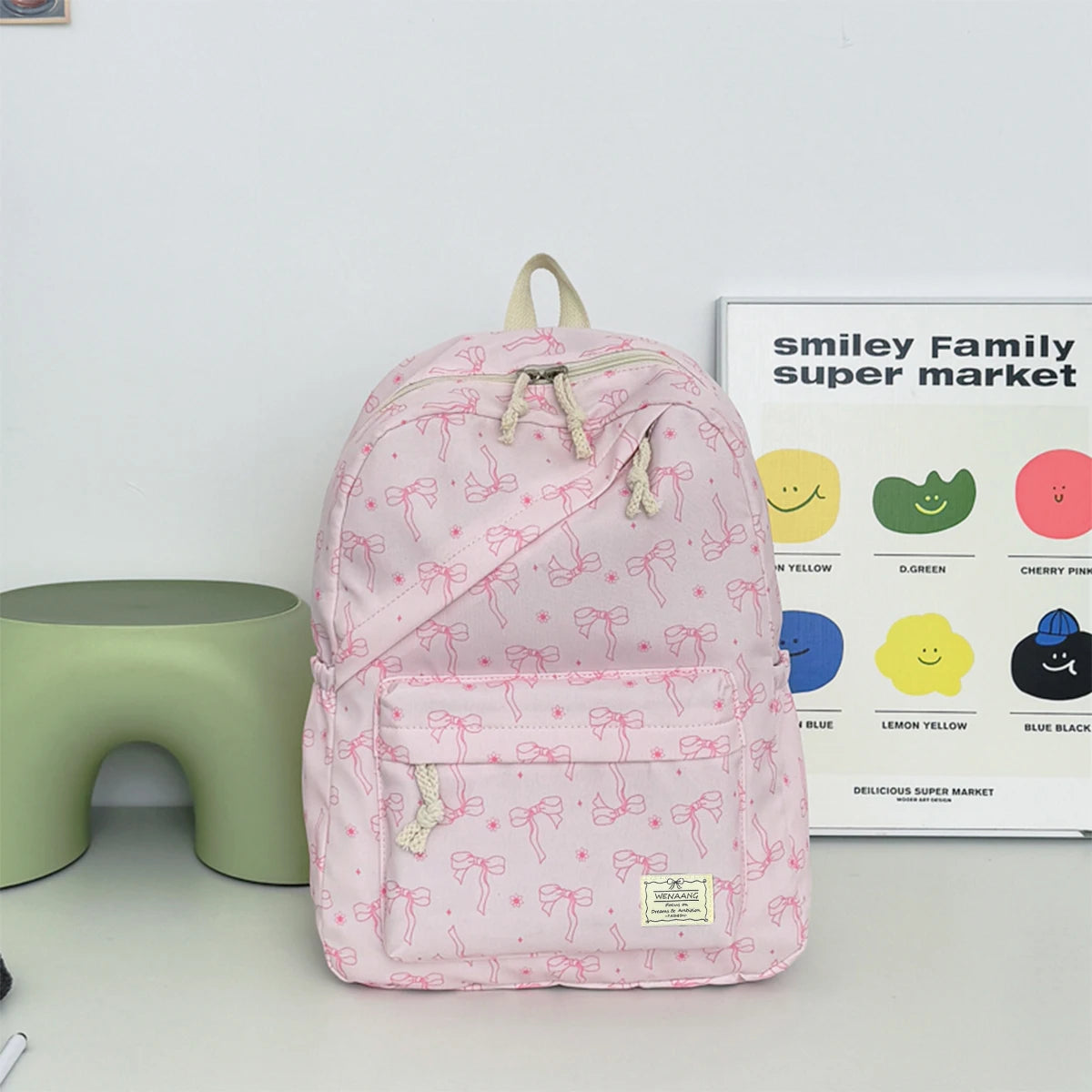 Gentle Romantic Bow Polka Dot Printed Backpack Nylon Lightweight Large Capacity Girls Campus Student