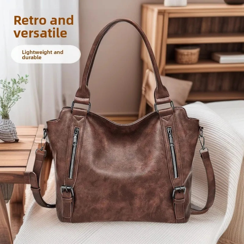Faux Leather Tote Bag – Multi-Zipper Shoulder Handbag for Women