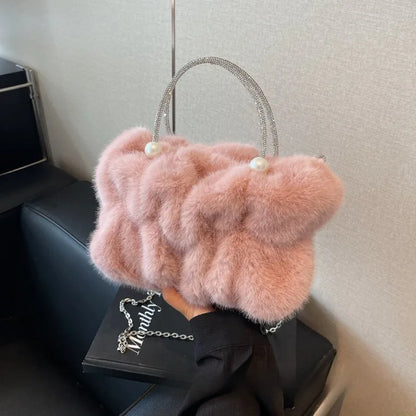 Faux Fur Crossbody Bag with Pearl Chain Strap