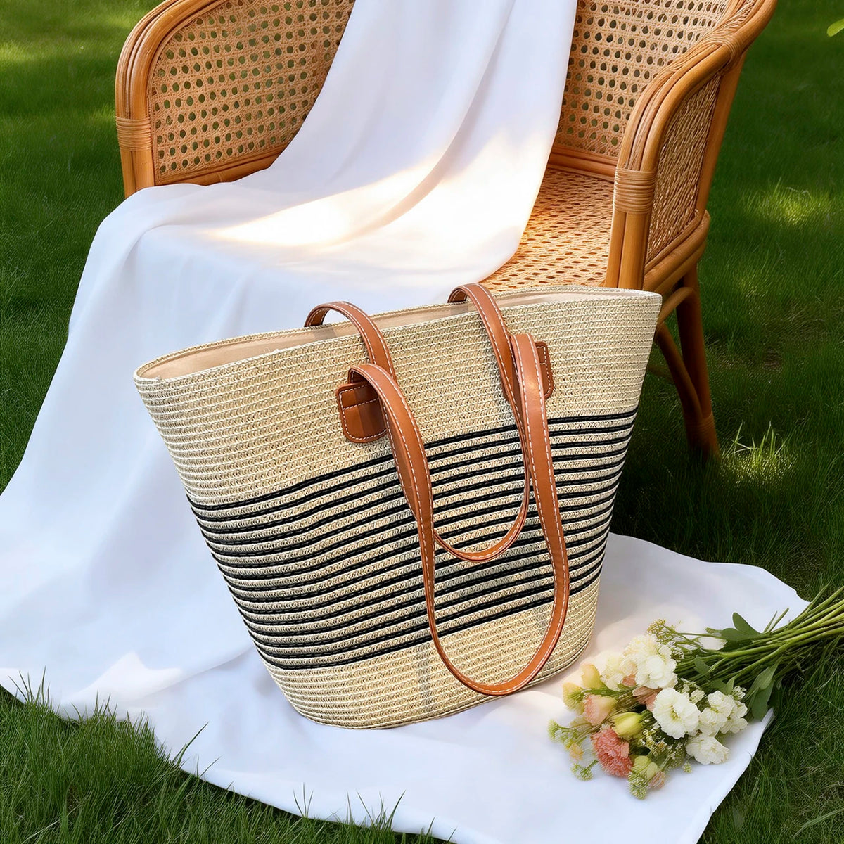 Vacation Fresh Women Tote Bag Solid Stripe Woven Shoulder Large Capacity Breathable Straw Handbag