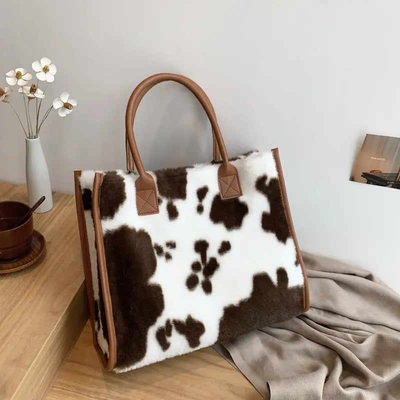 Plush Tote Bag Women's Fuzzy Handbag with Leather Trim