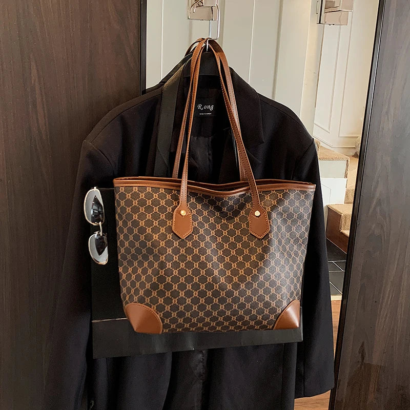 Classic Retro Ladies Tote Bag Geometric Shoulder Large Capacity Wear-Resistant Handbags Commute Work
