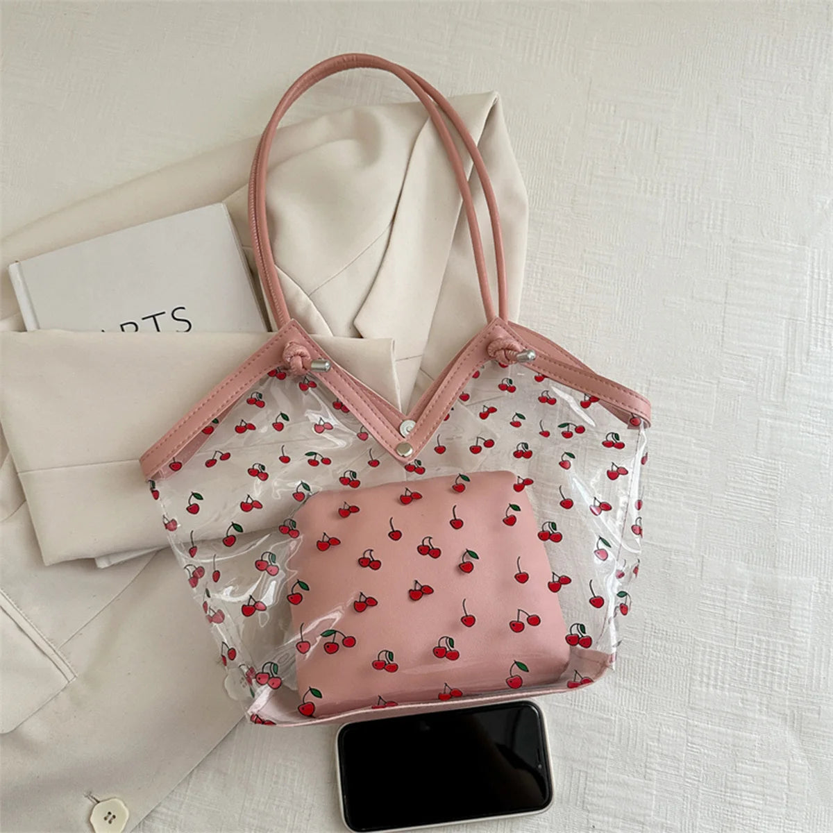 Women Tote Bag Transparent Pvc Cherry Pattern Shoulder Small Commute Shopping