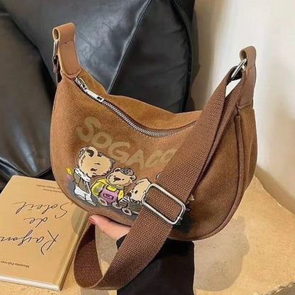 Crossbody Bag Girls Trendy Cartoon Teddy Bear Saddle Bag Large Capacity Fashionable Canvas Dumpling