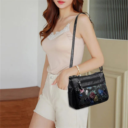 Rose Floral Embossed Leather Crossbody Bag for Women