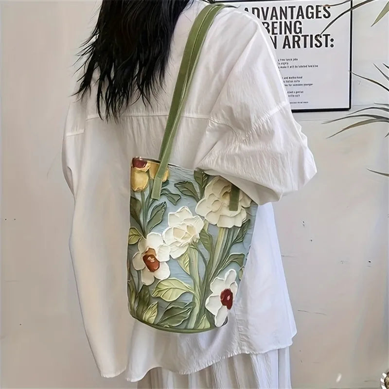 Floral Oil Painting Bucket Bag – Women's Shoulder & Crossbody Tote